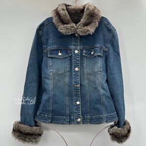 Live A Little Faux Fur Accented Denim Jacket Size Small